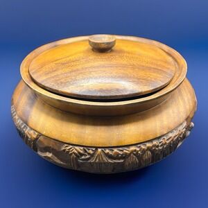 Hand Carved Large Solid Wood Bowl w/ Lid-African Scene Carving 4.25" x 9.5" Vtg